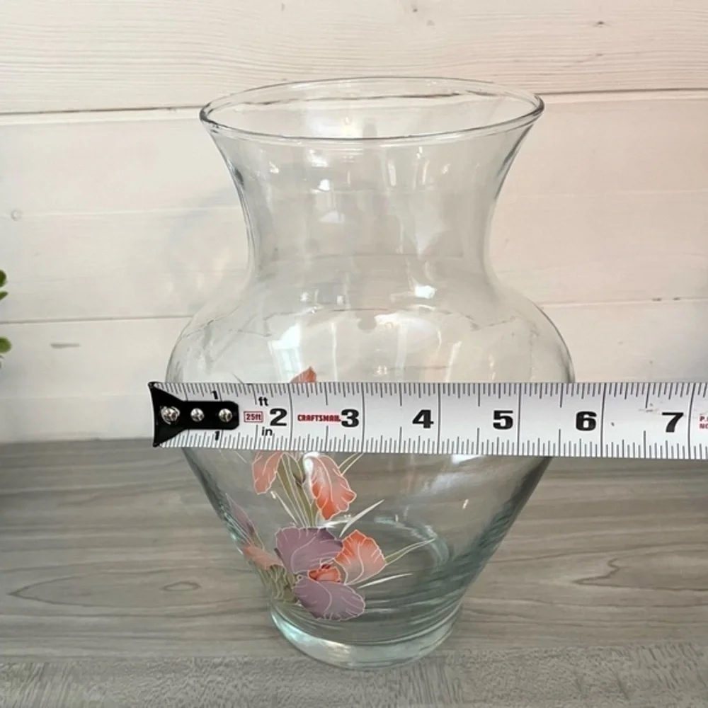 Glass Vase with Iris Design 9.5” Purple and Pink Irises
